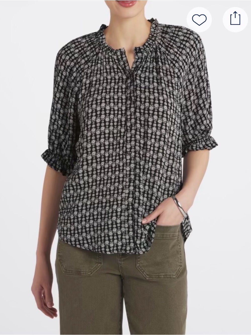 Bobeau- Bella button detail ruffled neck top.